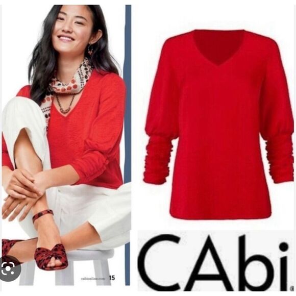 CAbi cherry red Aurora gathered sleeve M flowy top - Picture 2 of 5